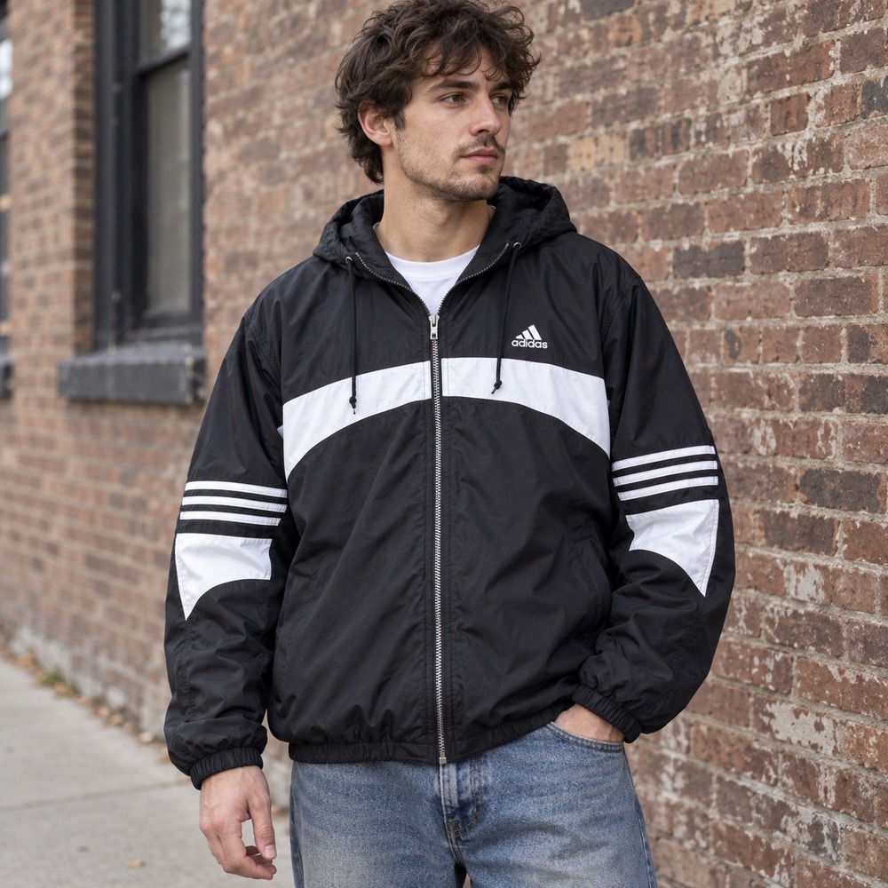 Vintage 90s Adidas Puffer Jacket Mens XL Black White Loose Fit Quilted Hooded